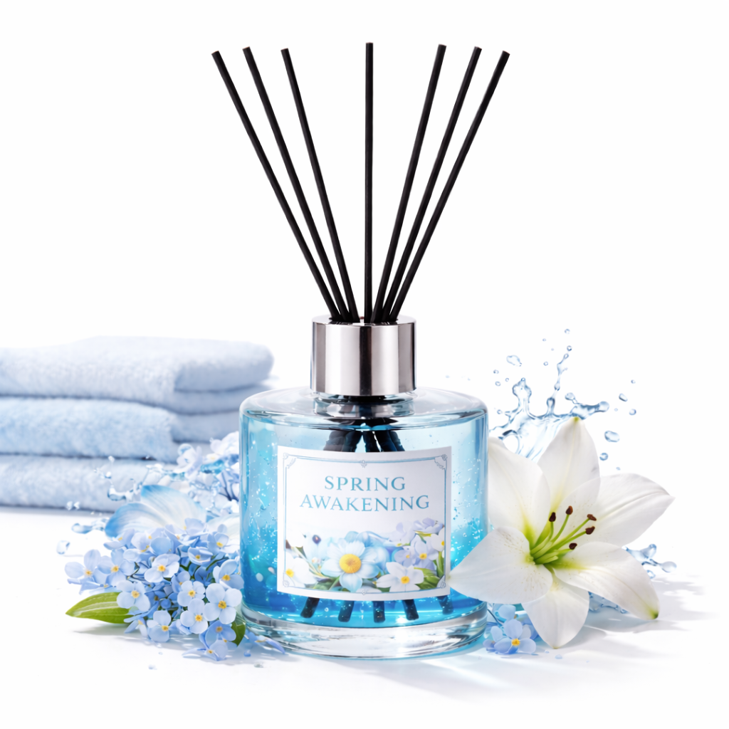 Diffuser bottle labeled 'Spring Awakening' with floral design, surrounded by flowers and towels on a white background