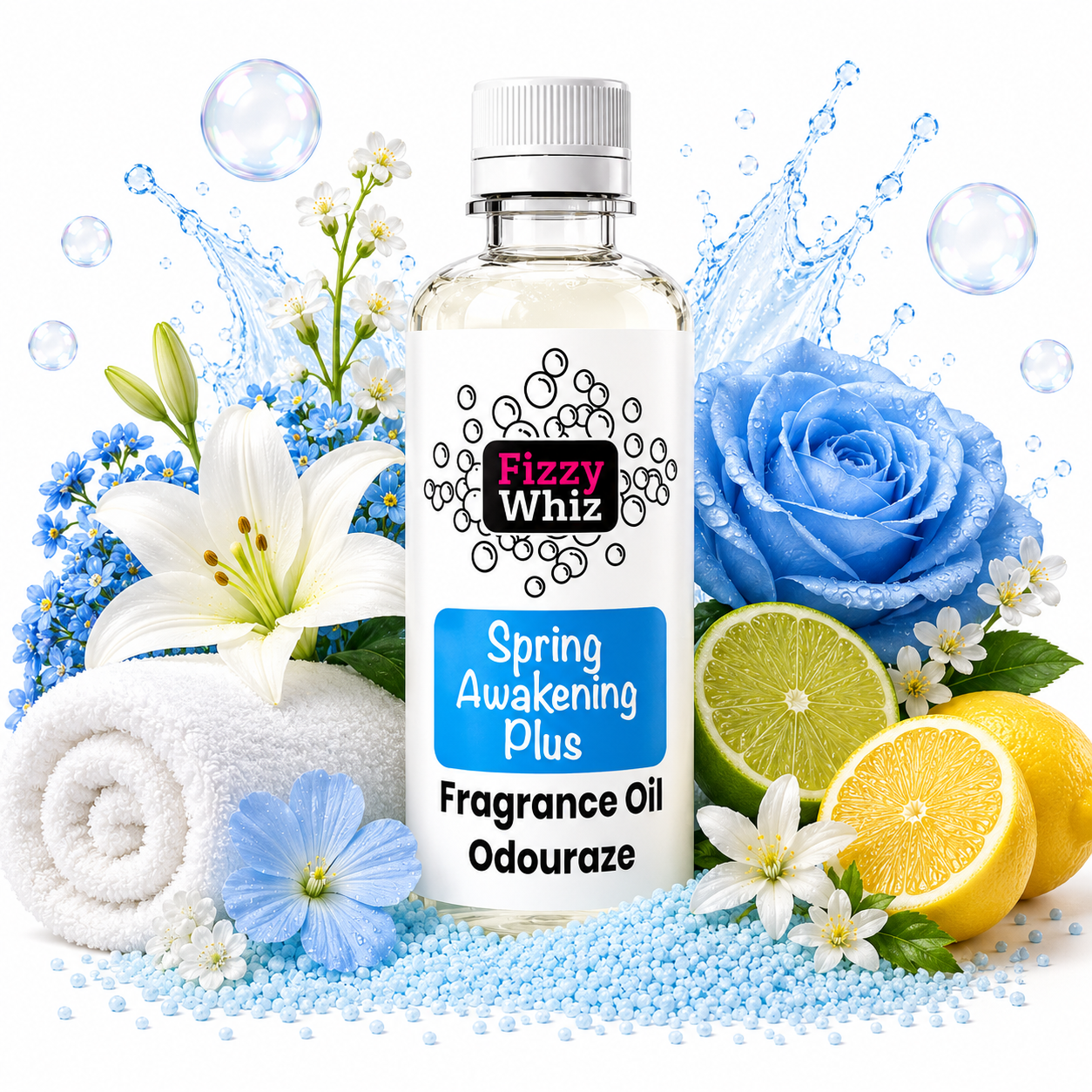 A bottle of Fizzy Whiz Spring Awakening Plus fragrance oil centered on a white background, surrounded by spring-themed props including blue flowers, a white lily, blue rose, lemons, a rolled towel, and blue beads.