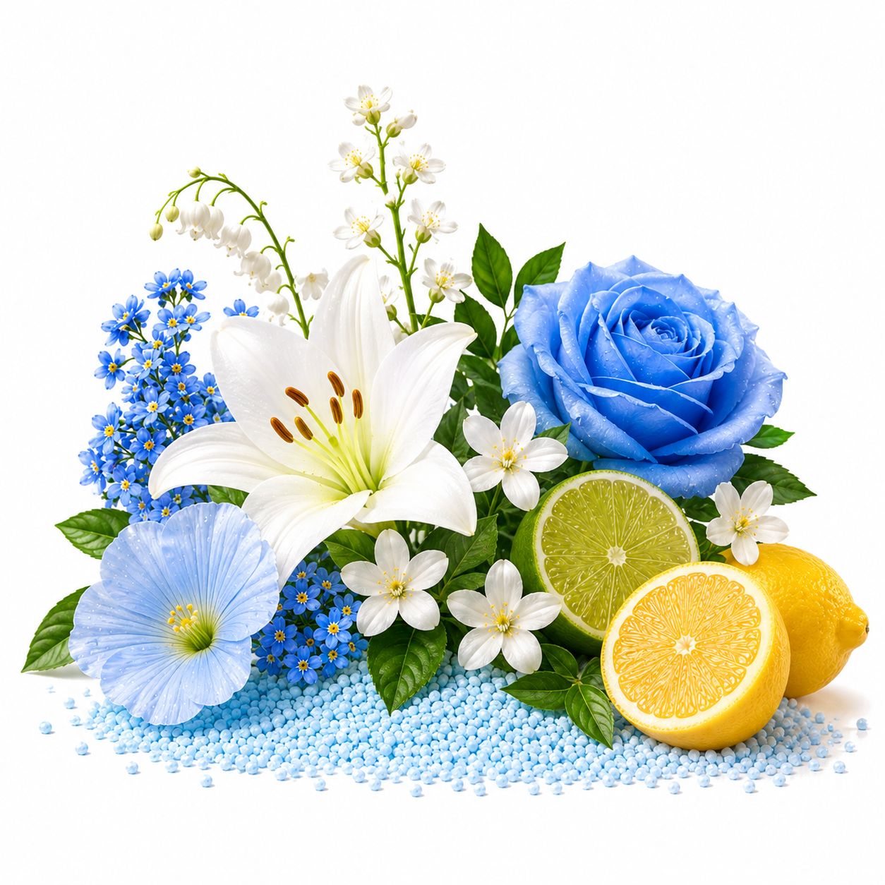 A styled floral arrangement on a white background featuring a large white lily, a blue rose, a blue flower, small white blossoms, blue forget-me-nots, green leaves, sliced yellow lemon and lime, and scattered light blue granules.