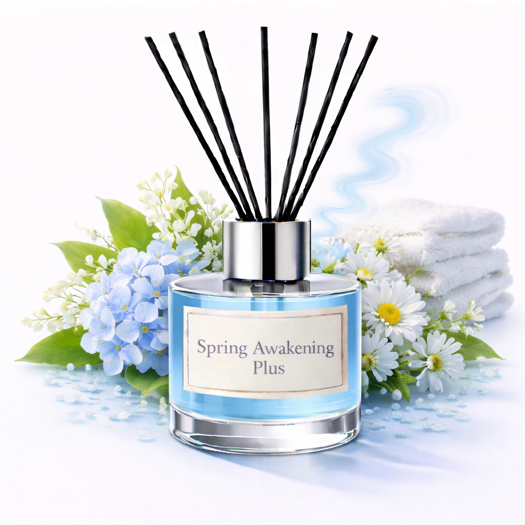 Diffuser with 'Spring Awakening Plus' label surrounded by flowers and towels on a white background