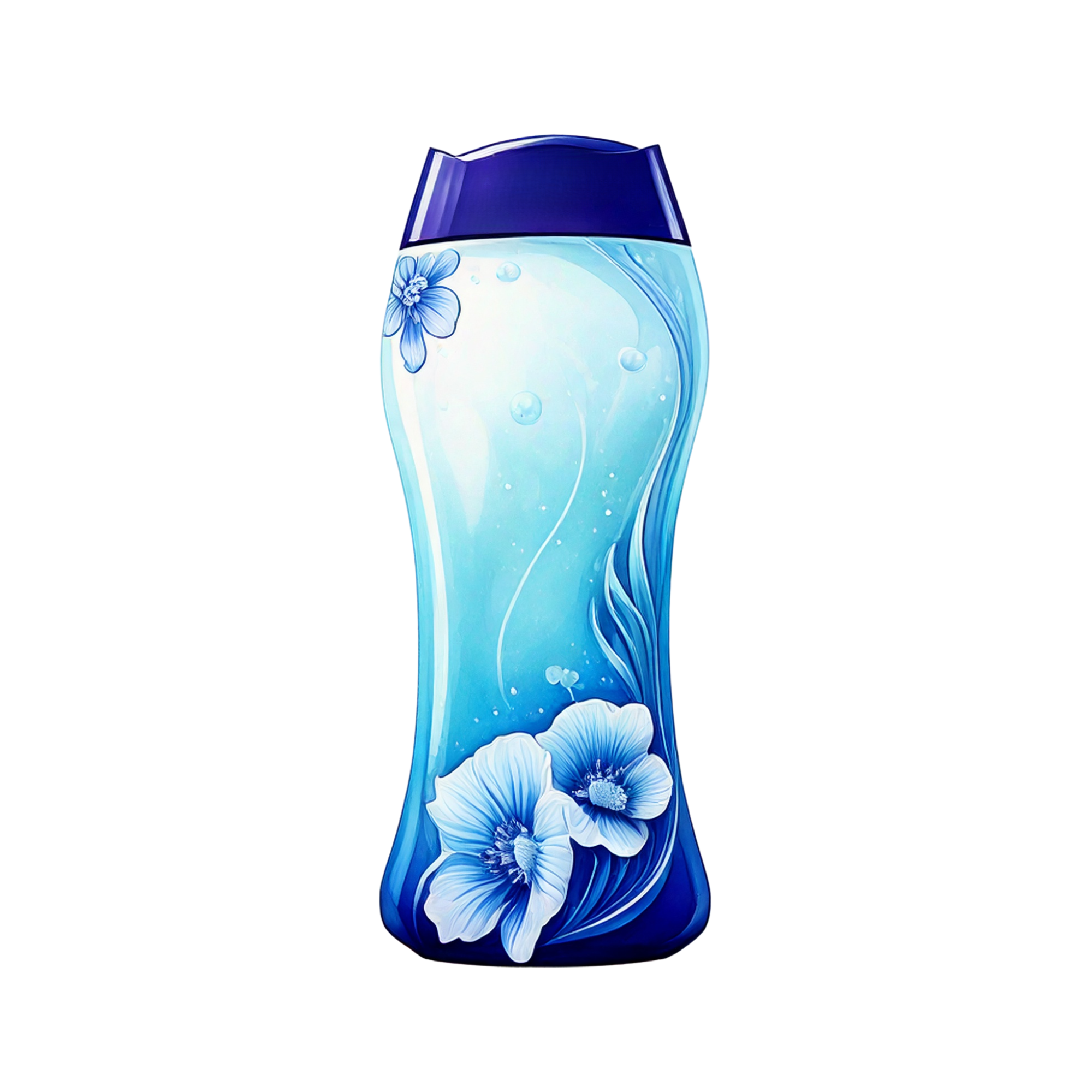 Blue curved plastic bottle with dark flip-top cap, featuring a flowing water design and blue floral artwork, shown upright on a light background.