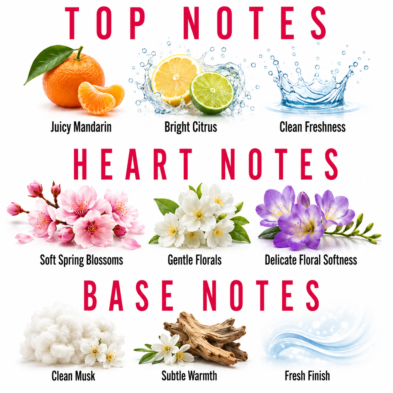 A fragrance notes graphic titled 'TOP NOTES' and 'BASE NOTES' with scent imagery including orange, lime, water splash, pink blossoms, white flowers, purple flowers, cotton-like texture, driftwood, and blue liquid waves. The center text reads 'HEART NOTES'.