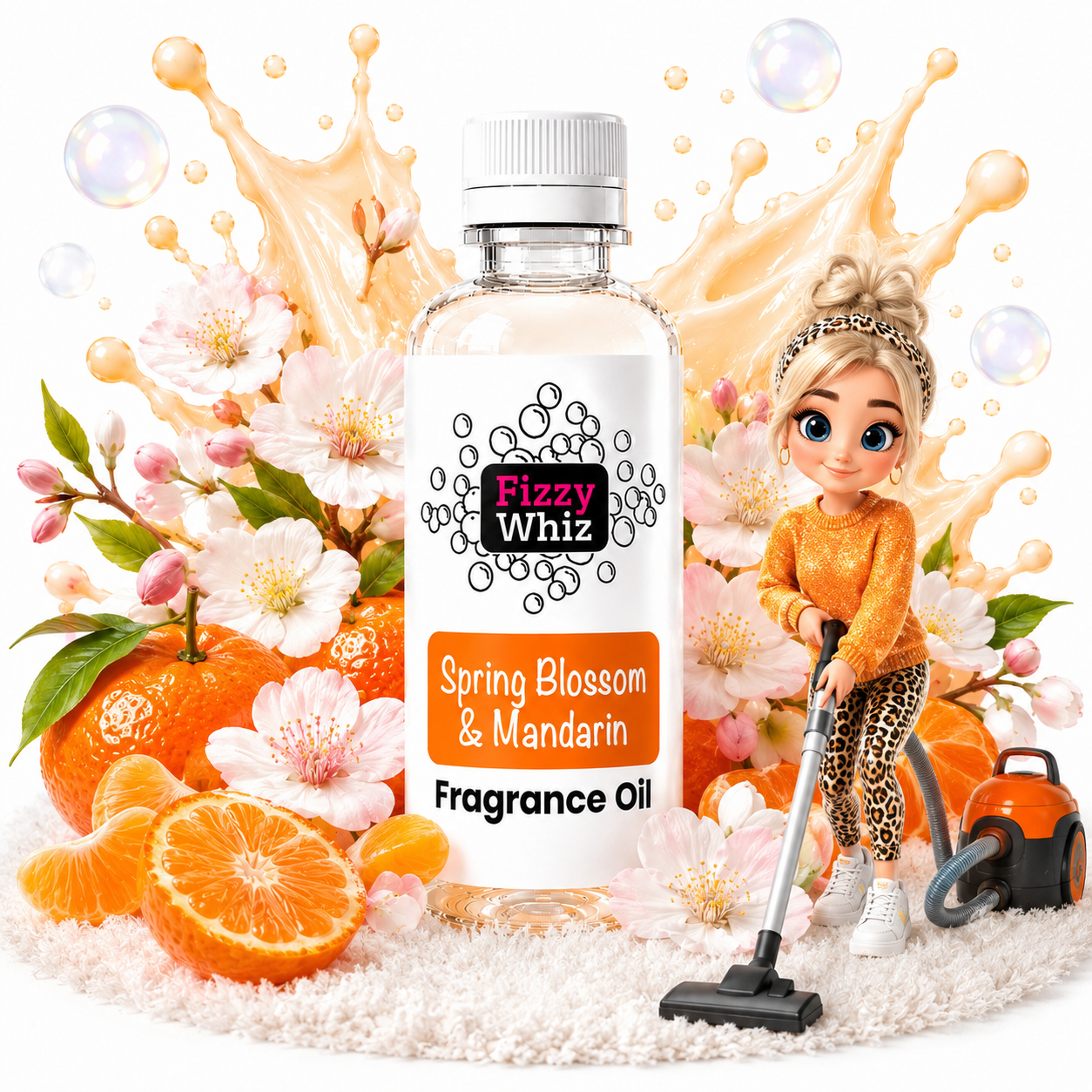 A bottle of Fizzy Whiz Spring Blossom & Mandarin Fragrance Oil centered on a white background, surrounded by orange slices, pink blossoms, soap bubbles, and a cartoon-style woman vacuuming a white rug. The product label is visible, and the scene is styled as a clean commercial graphic.
