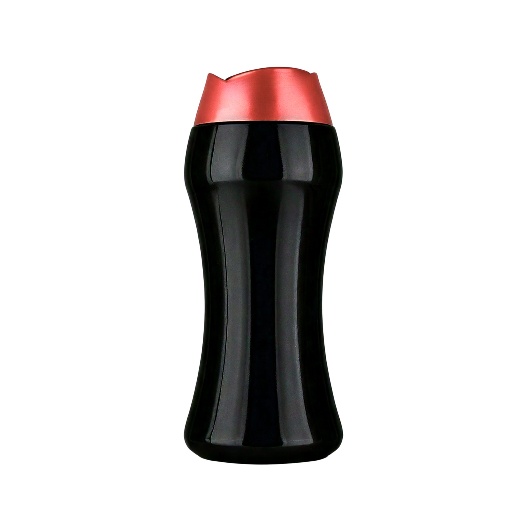 Tall black plastic bottle with a contoured shape and red flip-top cap, shown upright on a light background.