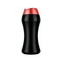 Tall black plastic bottle with a contoured shape and red flip-top cap, shown upright on a light background.