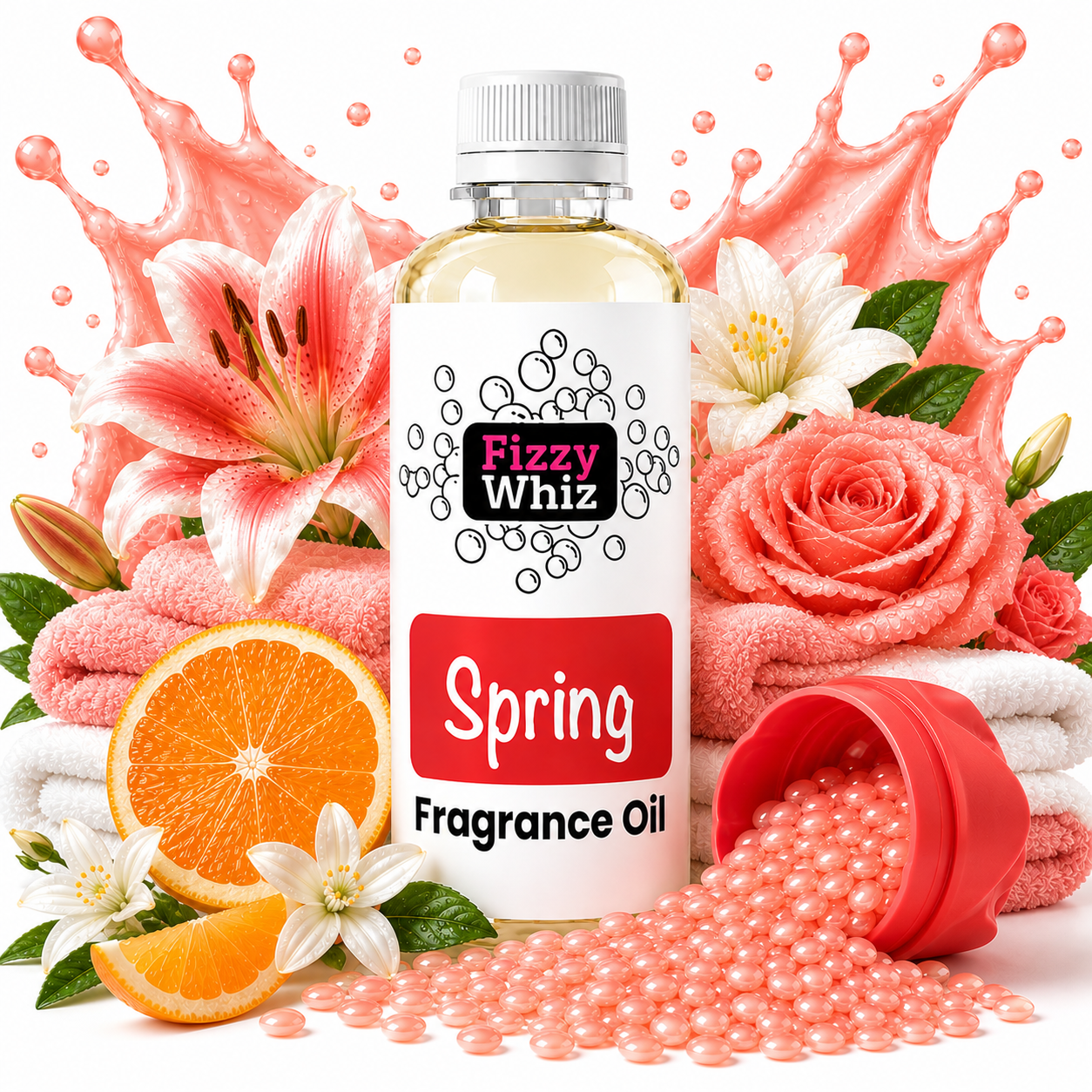 A bottle of Fizzy Whiz Spring Fragrance Oil centered on a white background, surrounded by decorative spring-themed props including pink roses, lilies, orange slices, folded towels, spilled pink beads, and a pink splash graphic.