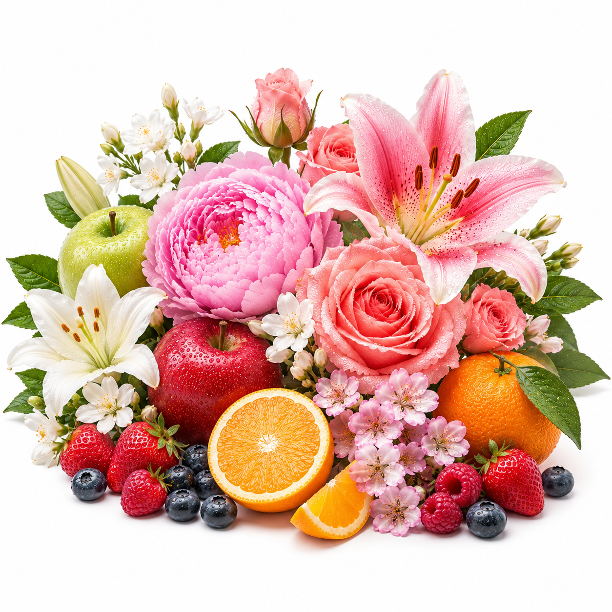 A vibrant floral and fruit arrangement on a white background, featuring pink lilies and peonies, red and green apples, strawberries, blueberries, raspberries, orange slices, and small white blossoms.