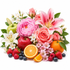 A vibrant floral and fruit arrangement on a white background, featuring pink lilies and peonies, red and green apples, strawberries, blueberries, raspberries, orange slices, and small white blossoms.