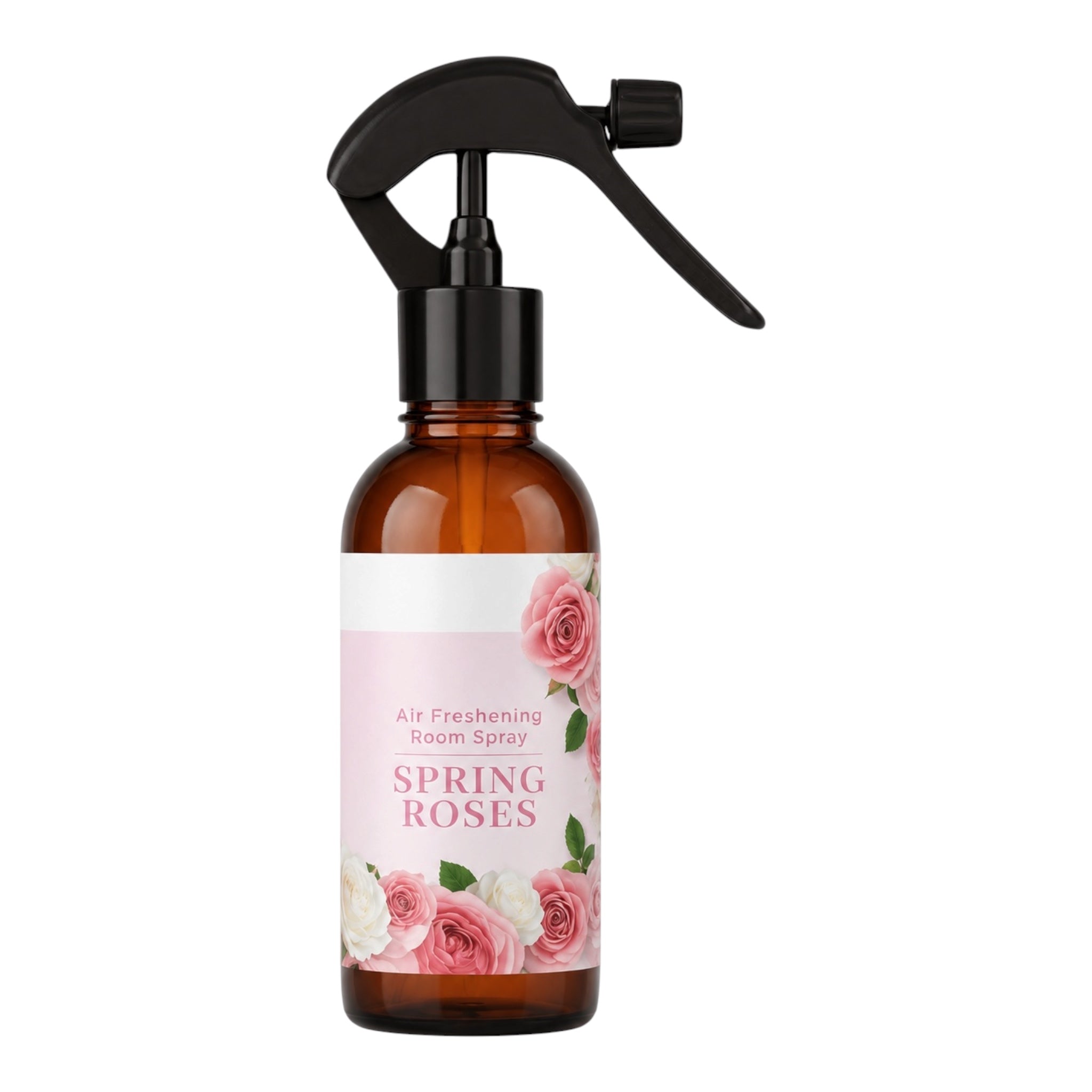 An amber glass spray bottle of room spray with a black trigger sprayer and a pink label featuring rose illustrations and the text 'SPRING ROSES'.