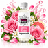 A bottle of Fizzy Whiz Spring Roses Fragrance Oil centered on a white background, surrounded by pink roses, white flowers, green leaves, rose petals, and a sliced grapefruit. Pink liquid splash graphics appear around the bottle.