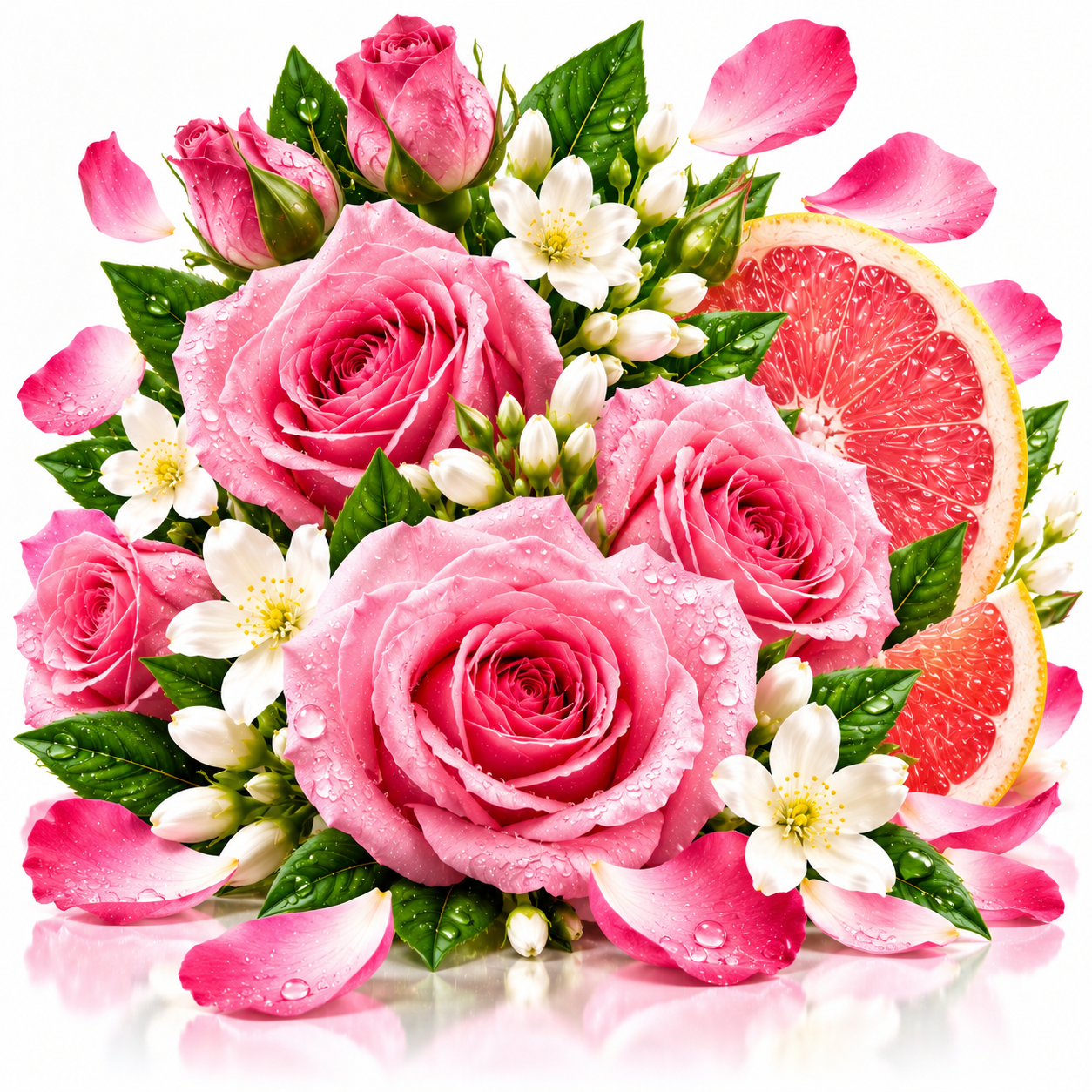A vibrant floral arrangement featuring pink roses, pink grapefruit slices, white blossoms, and green leaves, presented on a clean white background with a soft reflection.