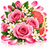 A vibrant floral arrangement featuring pink roses, pink grapefruit slices, white blossoms, and green leaves, presented on a clean white background with a soft reflection.