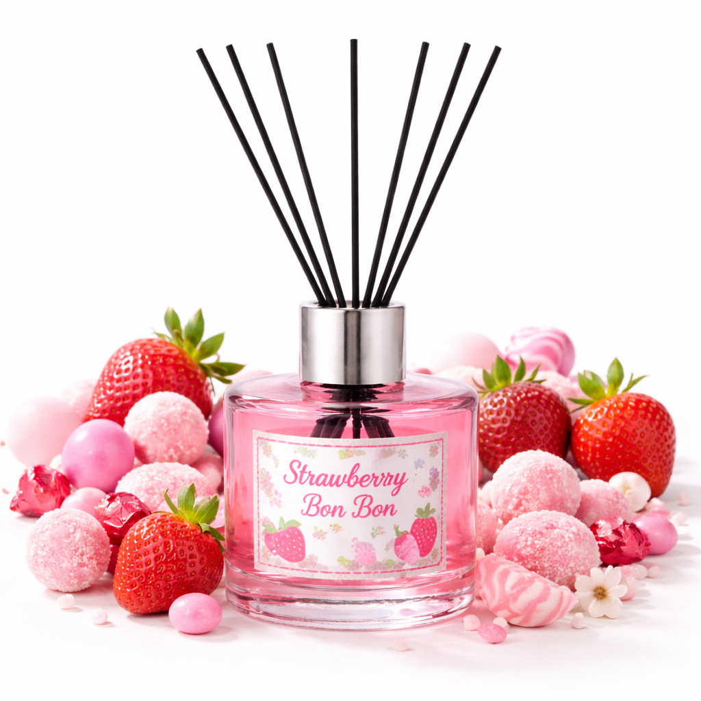 Pink diffuser labeled 'Strawberry Bon Bon' surrounded by strawberries and candies on a white background
