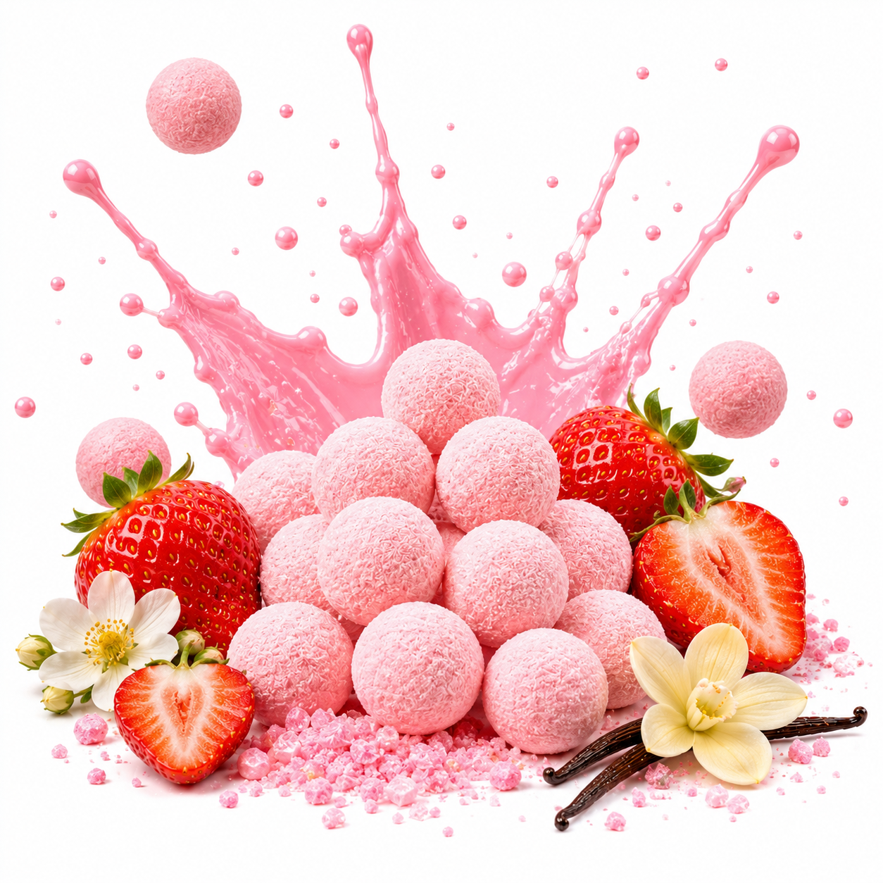 Pink sugar-coated candy pearls arranged on a white background with fresh strawberries, vanilla flowers, vanilla beans, and a pink liquid splash behind them.