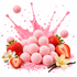 Pink sugar-coated candy pearls arranged on a white background with fresh strawberries, vanilla flowers, vanilla beans, and a pink liquid splash behind them.