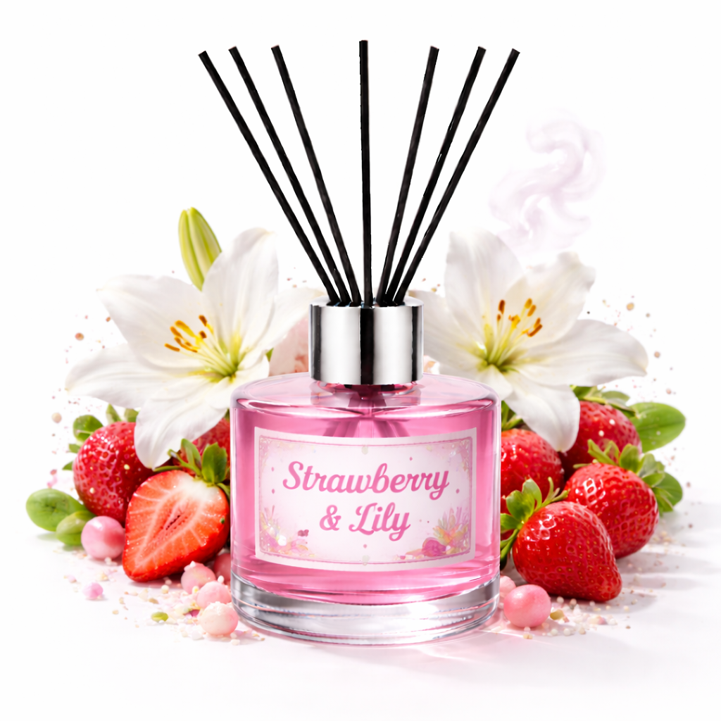 Pink diffuser labeled 'Strawberry & Lily' with flowers and strawberries on a white background