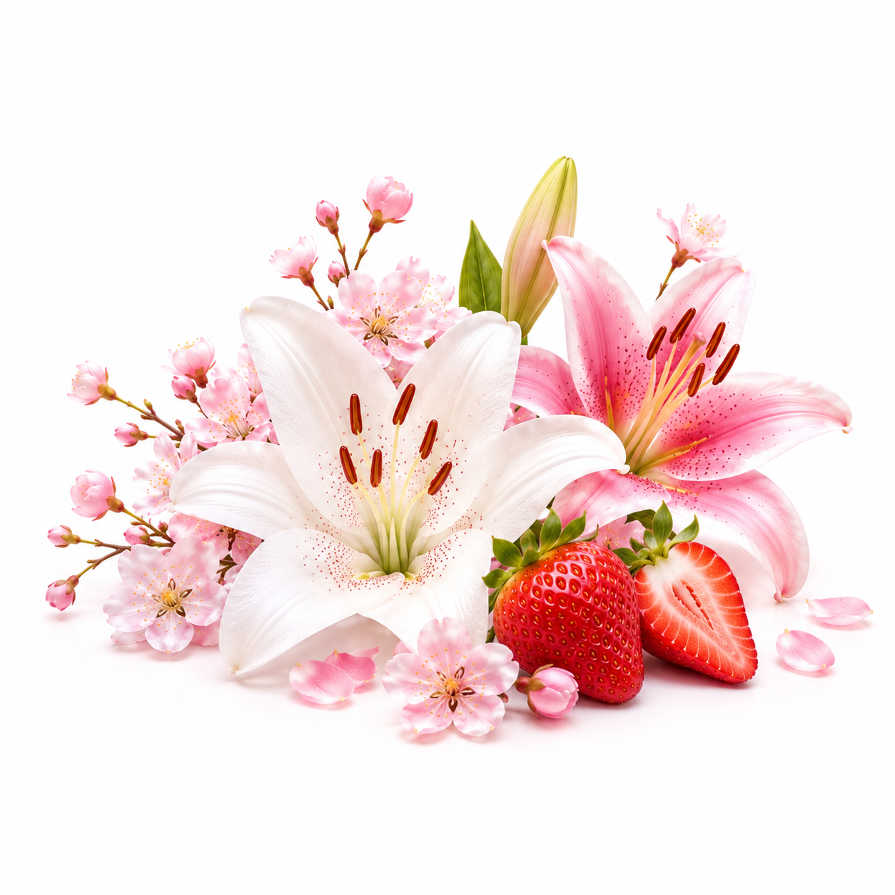 A floral arrangement on a white background featuring a large white lily, a pink lily, pink blossoms, a green bud, and two strawberries, including one whole strawberry and one sliced open to show the red interior.