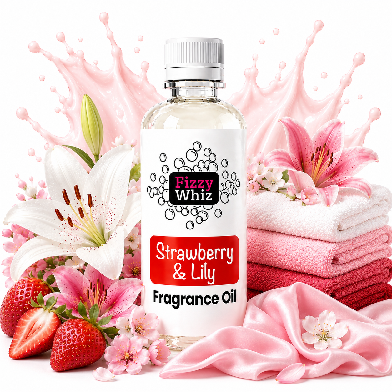 A bottle of Fizzy Whiz Strawberry & Lily Fragrance Oil centered on a white background, surrounded by pink splash graphics, white and pink lilies, strawberries, folded pink towels, and pink satin fabric.