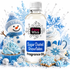 A bottle of Fizzy Whiz Sugar Dusted Snowflakes Fragrance Oil centered against a white background, surrounded by winter-themed props including a snowman, blue cupcakes, snowflake cookies, and blue snowflake decorations.