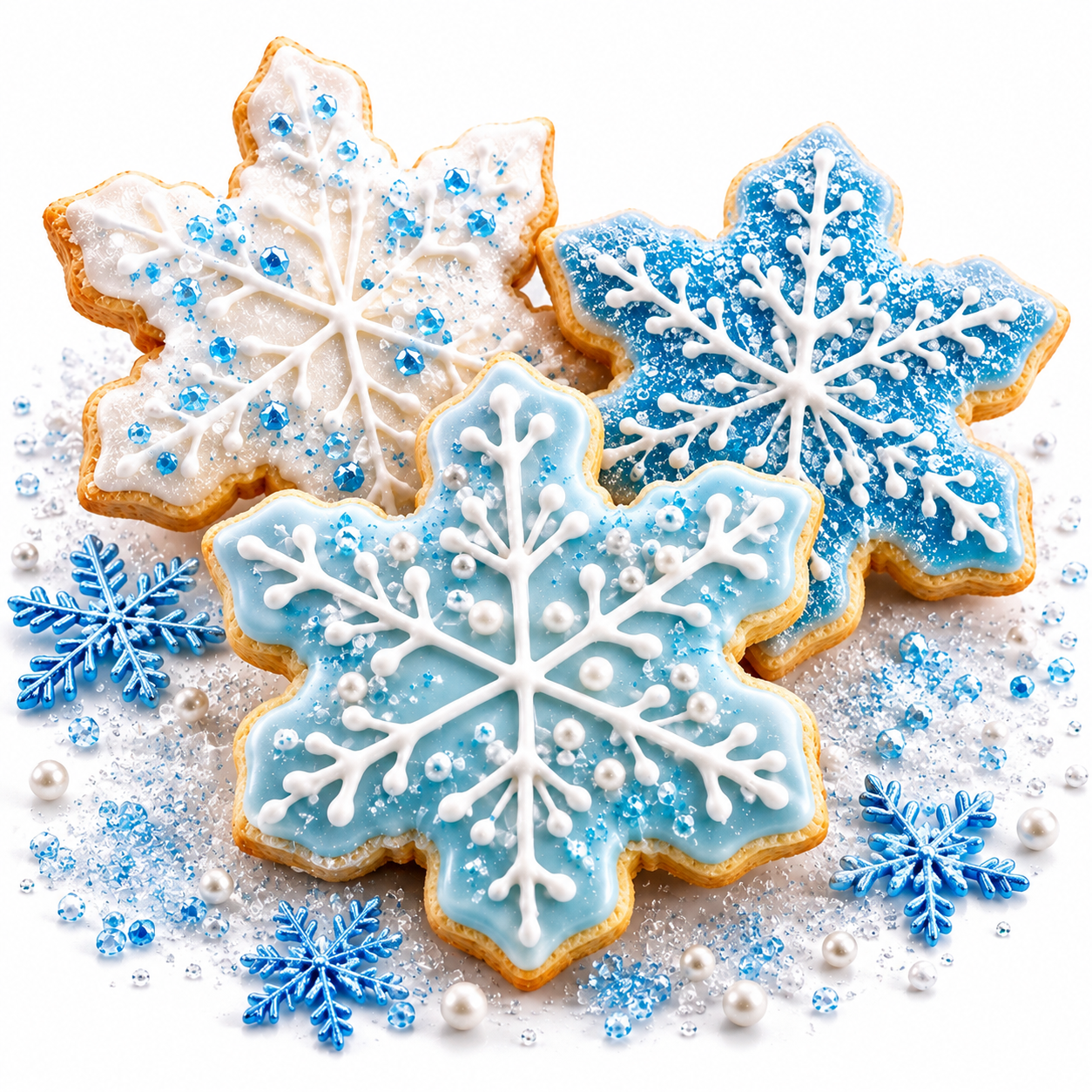 Three snowflake-shaped sugar cookies decorated with white and light blue icing, topped with blue and white sprinkles, arranged on a white background with scattered blue snowflake decorations and white pearls.