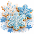 Three snowflake-shaped sugar cookies decorated with white and light blue icing, topped with blue and white sprinkles, arranged on a white background with scattered blue snowflake decorations and white pearls.