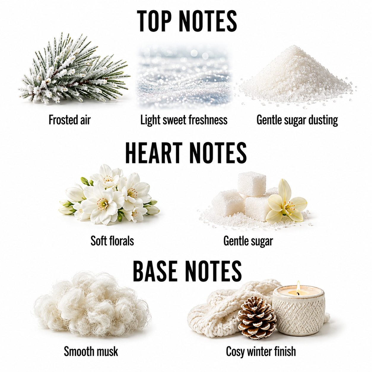 A fragrance notes graphic on a white background with black headings reading TOP NOTES, HEART NOTES, and BASE NOTES. Top notes show frosted pine branches, a soft blue-white mist, and white sugar crystals labeled 'Frosted air,' 'Light sweet freshness,' and 'Gentle sugar dusting.