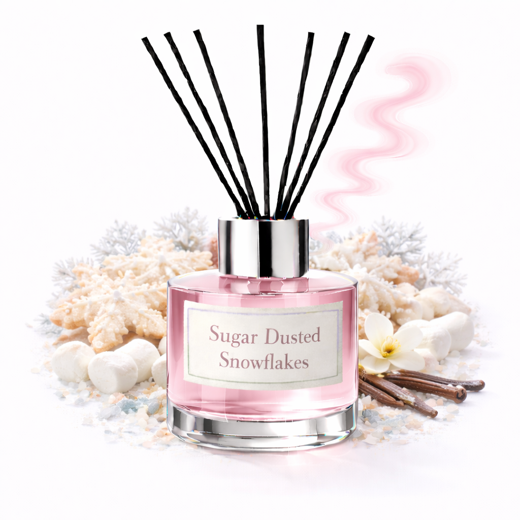 Diffuser bottle labeled 'Sugar Dusted Snowflakes' with black sticks on a white background