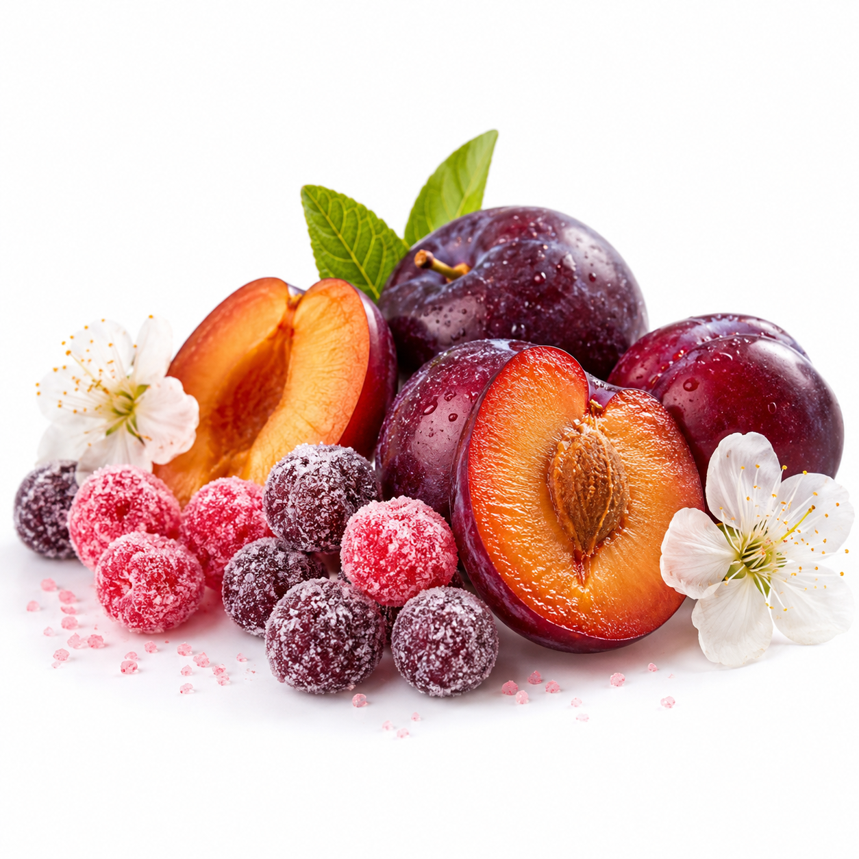 Sugar Plum fragrance image featuring ripe purple plums, juicy sliced plum, sugar-coated berries, delicate white blossoms and scattered pink sugar crystals on a clean white background.
