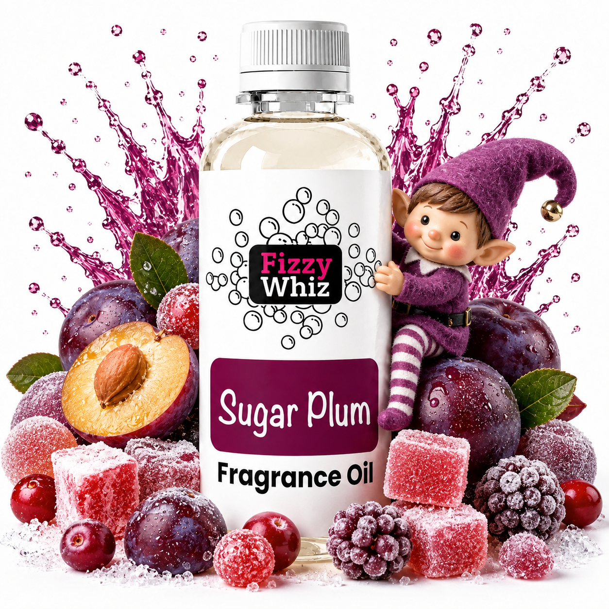 Sugar Plum Fragrance Oil surrounded by juicy purple plums, frosted berries, sugar-coated sweets and a playful Christmas elf with vibrant plum fragrance splashes on a clean white background.