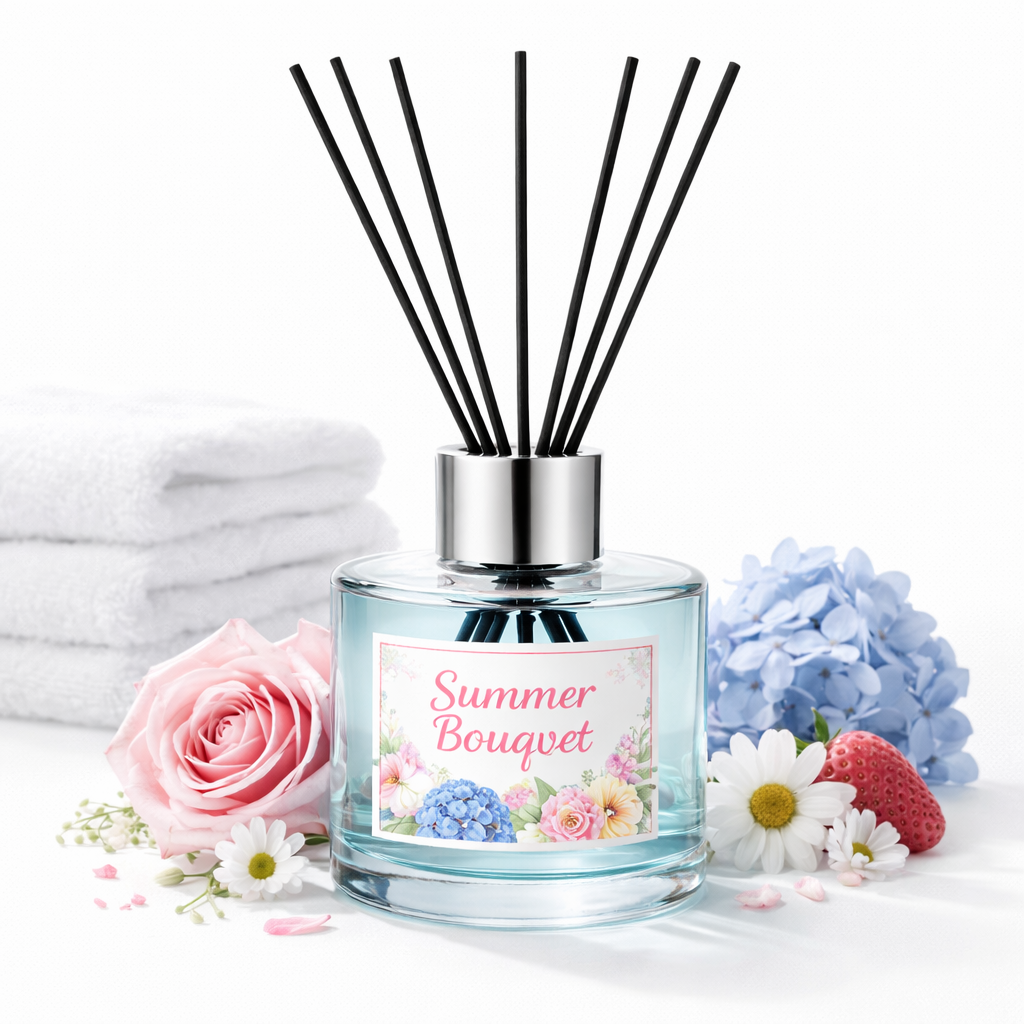 Diffuser with 'Summer Bouquet' label surrounded by flowers on a white background