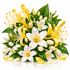 A dense floral arrangement of white lily-like flowers with yellow tubular blossoms, green leaves, and water droplets on a clean white background.