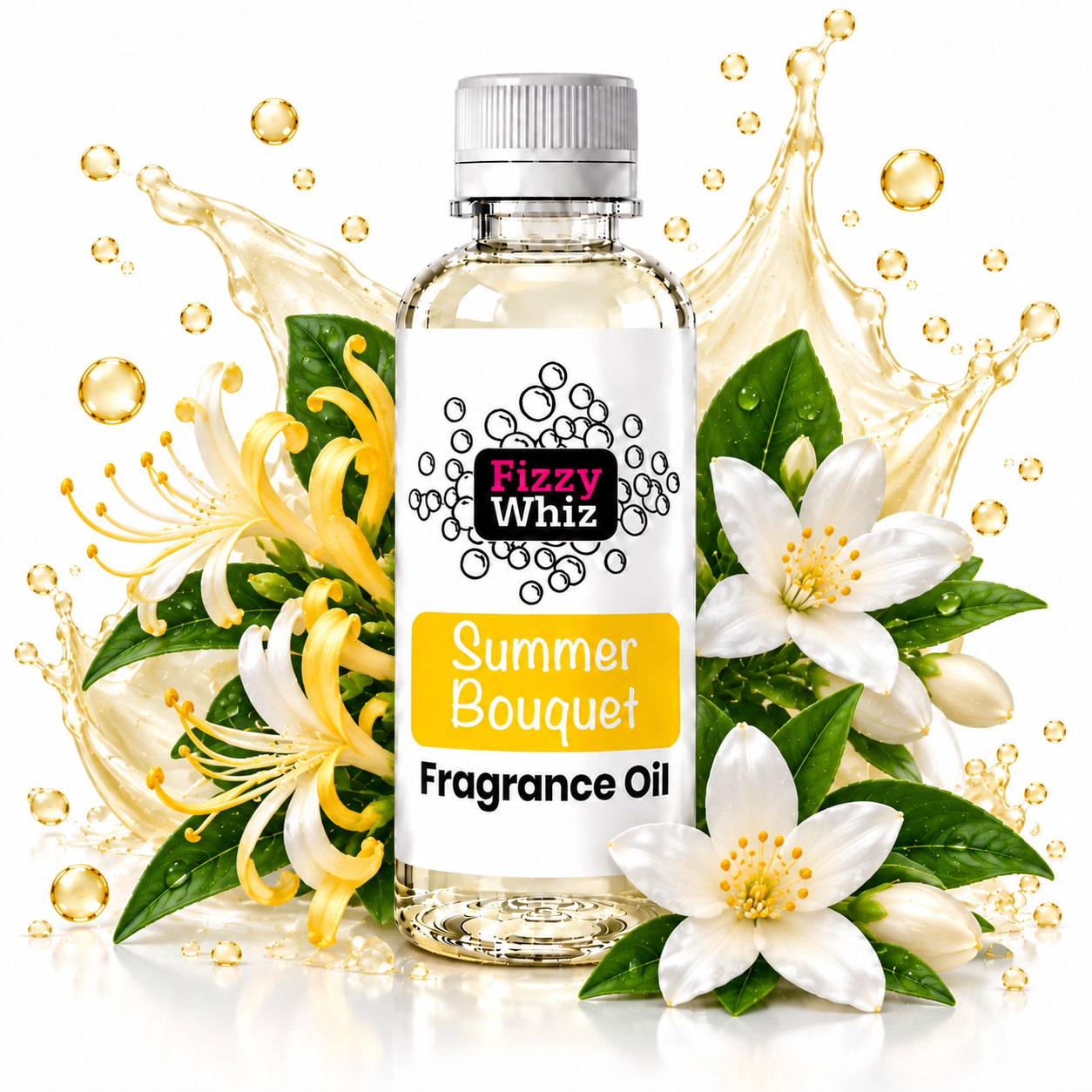 A bottle of Fizzy Whiz Summer Bouquet Fragrance Oil centered on a white background, surrounded by white and yellow flowers, green leaves, and golden liquid splash graphics. The bottle has a white cap and a white label with yellow and black text.