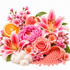 A styled botanical arrangement of pink flowers, including lilies, peonies, roses, and cherry blossoms, alongside an orange slice, white fluffy pom-poms, and pink beads spilled from a small cup on a white background.