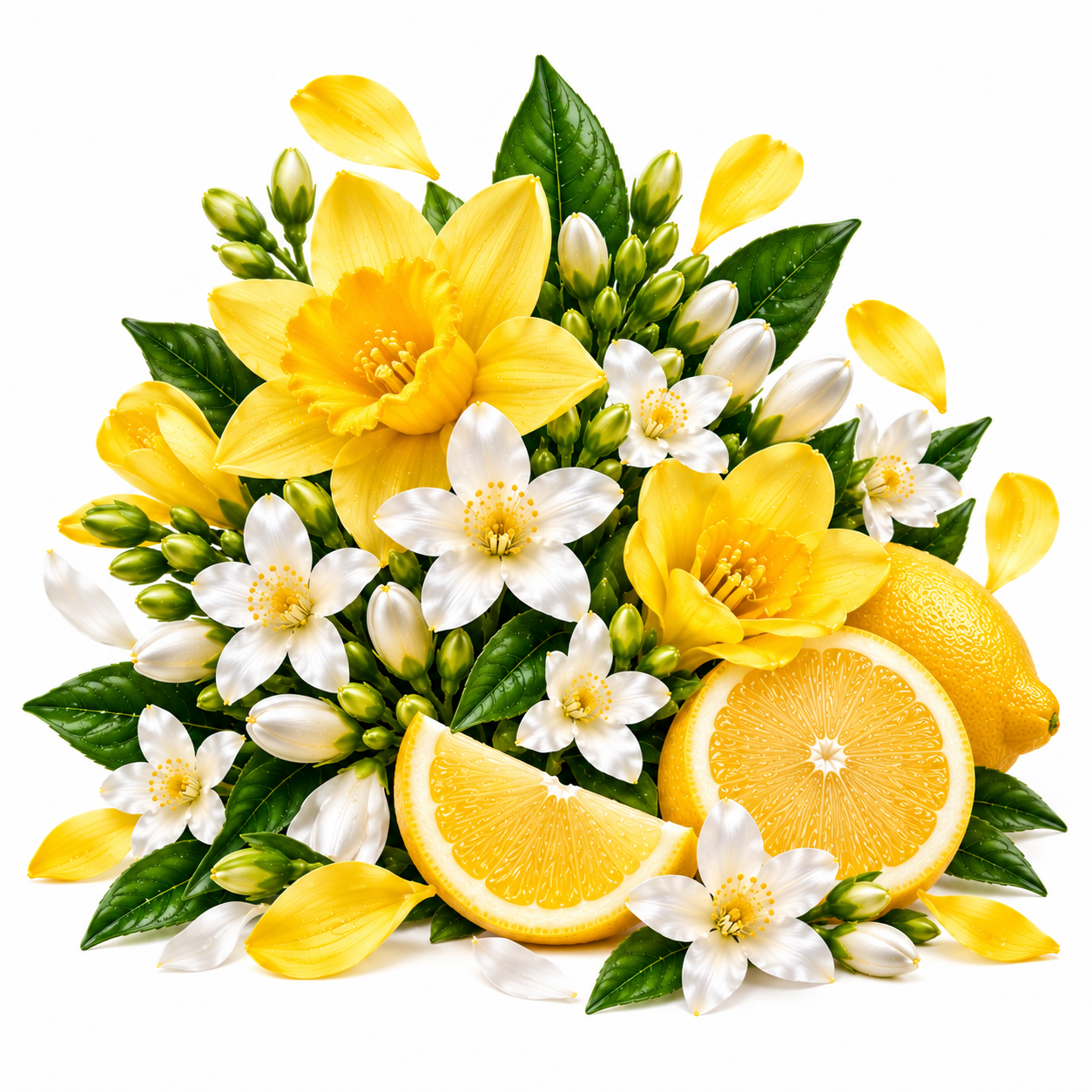 A bright floral arrangement featuring yellow daffodils, white blossoms, green leaves, sliced oranges, and whole lemons on a clean white background.