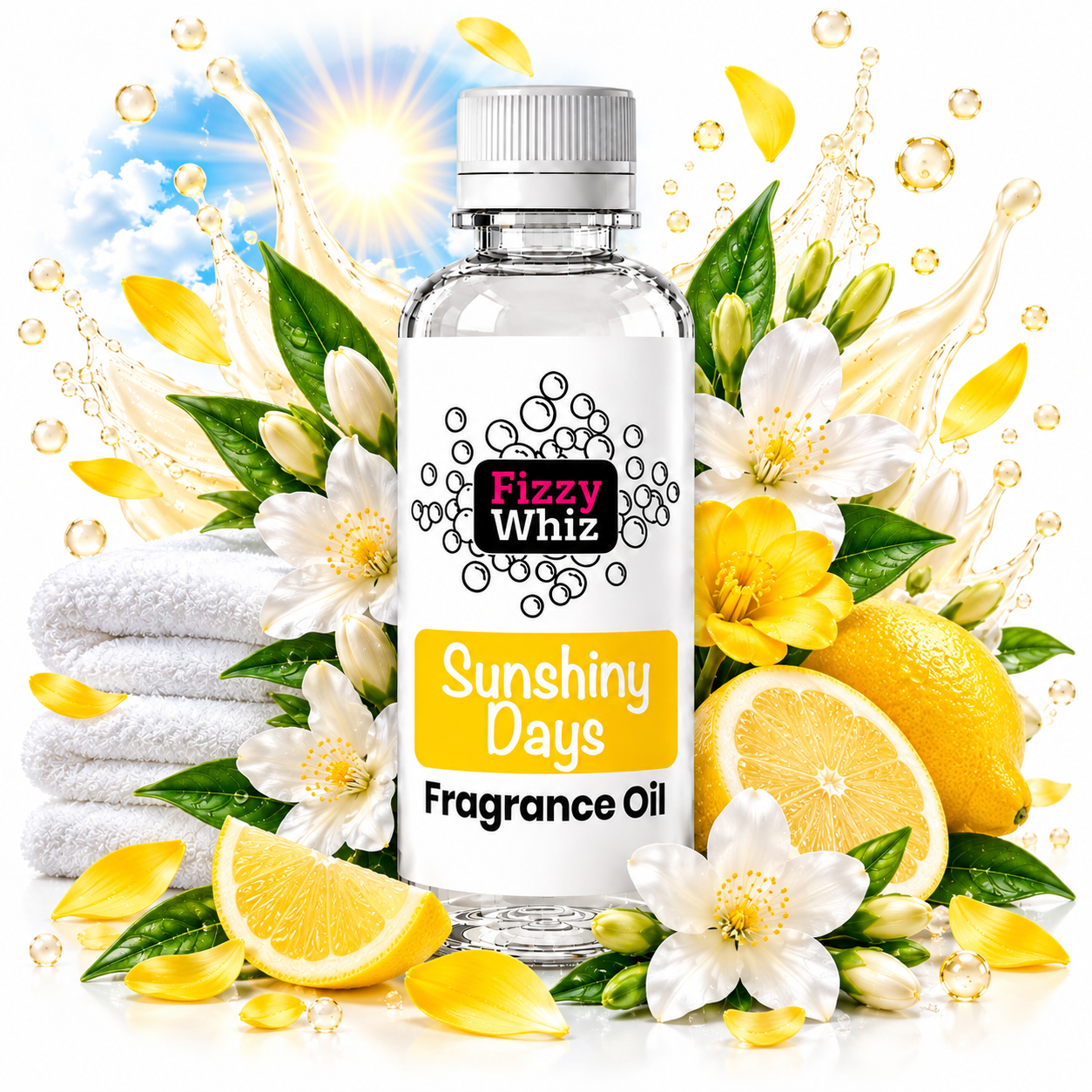 A bottle of Fizzy Whiz 'Sunshiny Days' fragrance oil centered against a bright, stylized background featuring lemons, white flowers, green leaves, folded white towels, and a sunburst with water splashes. The bottle label is white with yellow and black text.