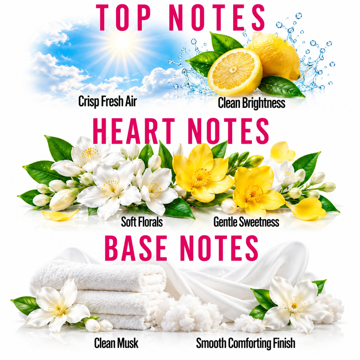 A fragrance notes graphic with three labeled sections: Top Notes, Heart Notes, and Base Notes. The top section shows a bright blue sky with clouds, sun rays, lemons, and water droplets labeled 'Crisp Fresh Air' and 'Clean Brightness.