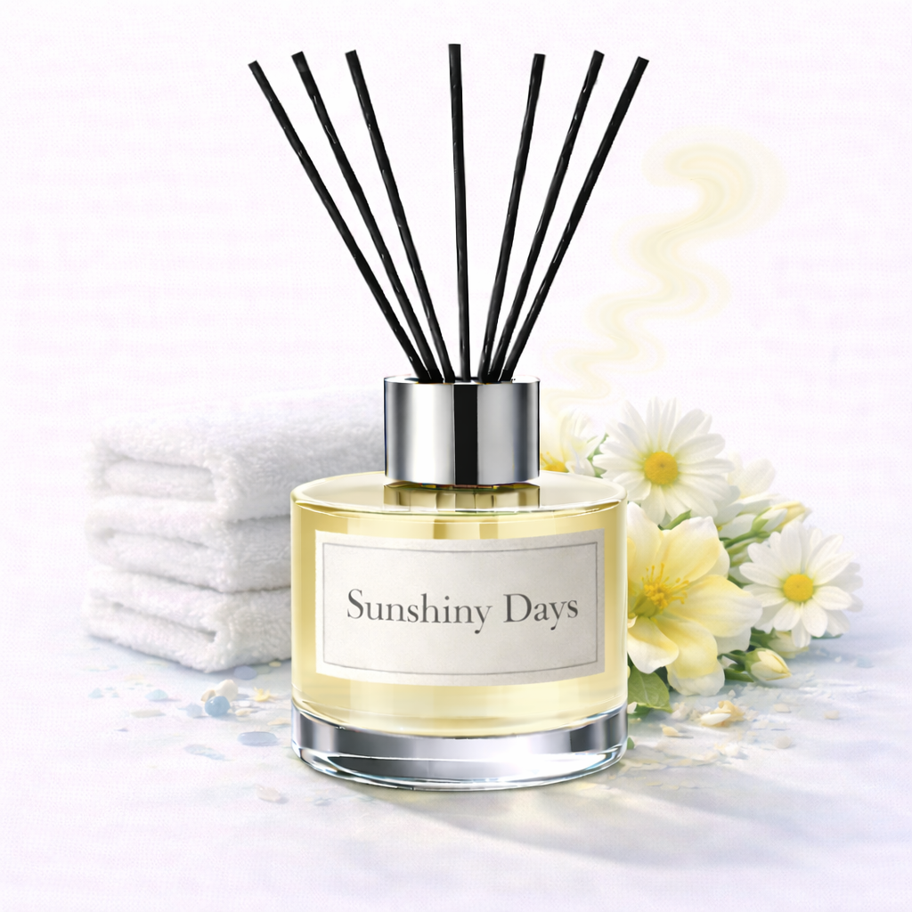 Diffuser bottle labeled 'Sunshiny Days' with black sticks on a light background