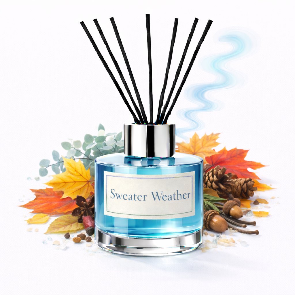 Diffuser with 'Sweater Weather' label surrounded by autumn leaves and elements on a white background