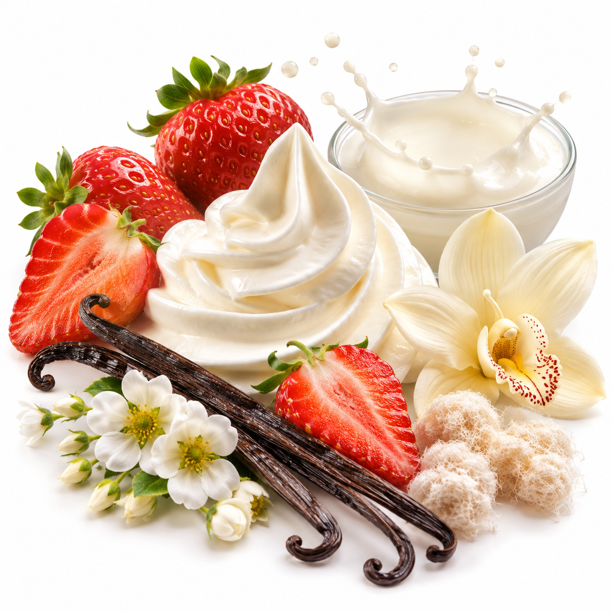 A styled arrangement of creamy white whipped cream and a glass of white liquid on a white background, surrounded by red strawberries, vanilla beans, white flowers, and soft beige clumps.
