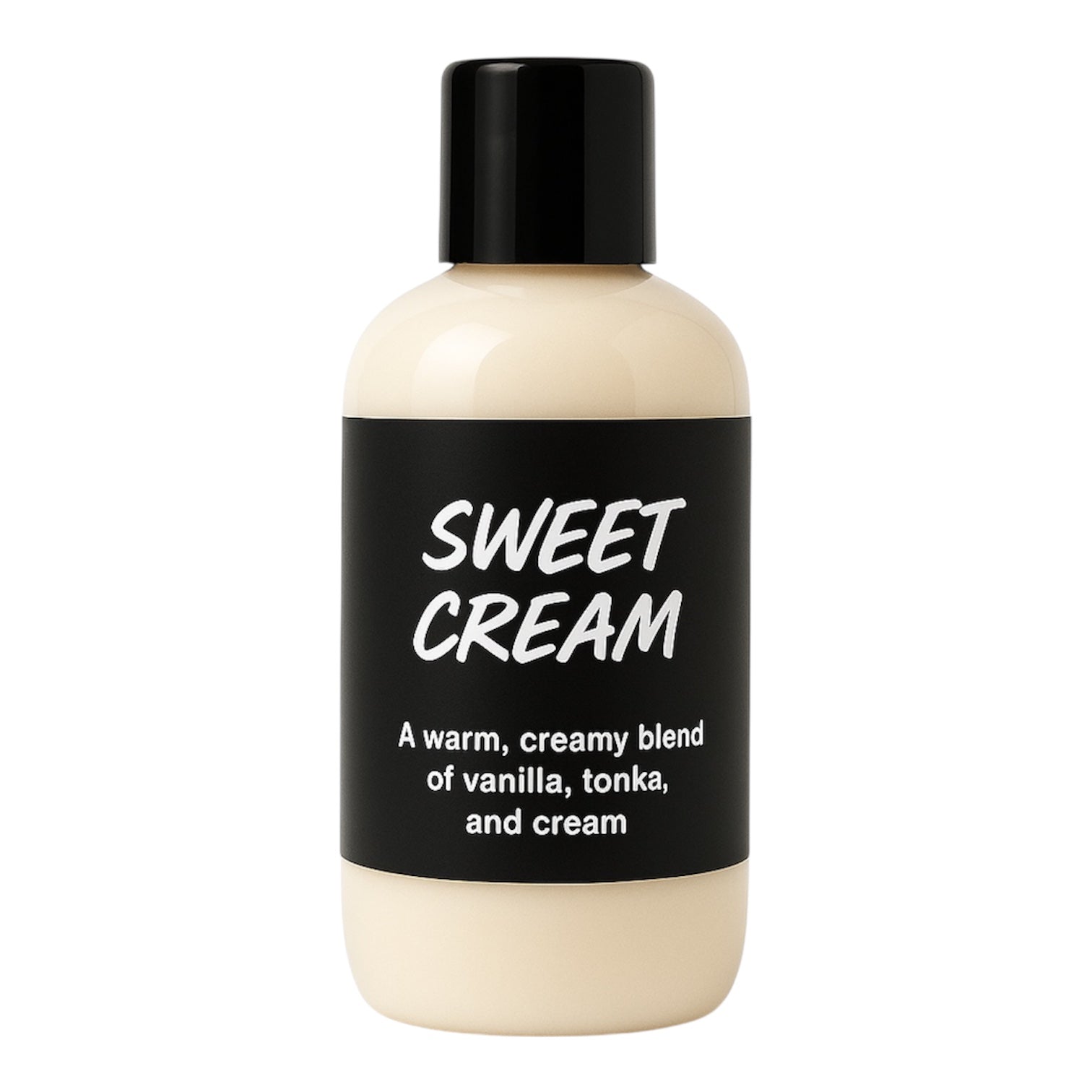 Bottle of 'Sweet Cream' with a black label on a white background