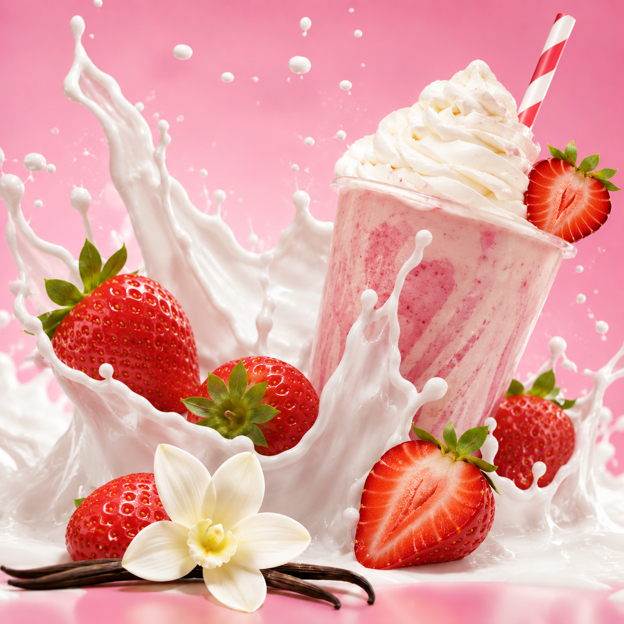 A pink strawberry milkshake with whipped cream and a red-and-white striped straw, surrounded by fresh strawberries, vanilla beans, and a white flower against a pink background with a milk splash.