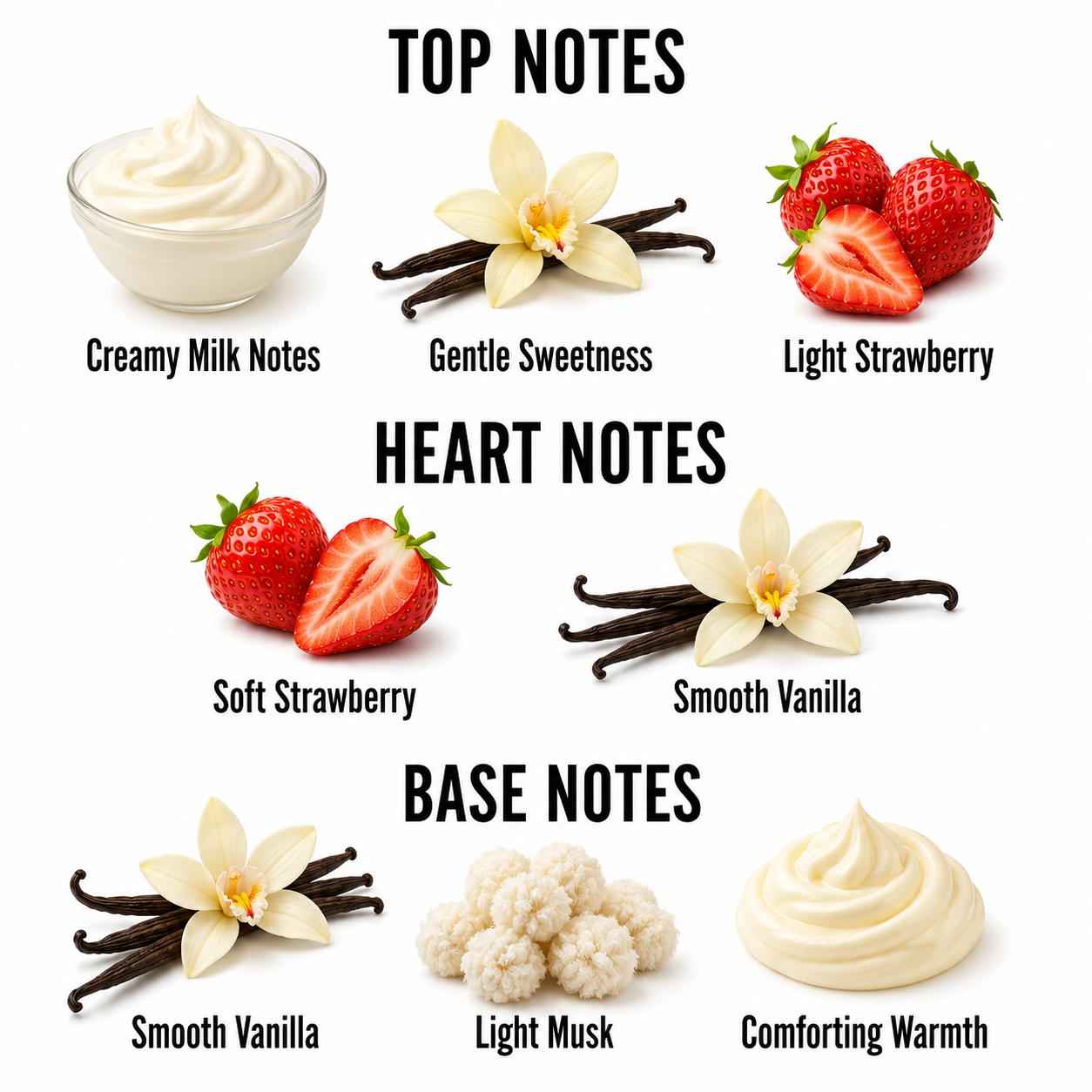 A fragrance notes infographic on a white background, categorized into Top Notes, Heart Notes, and Base Notes. It features illustrations and photos of creamy milk, vanilla flowers and pods, strawberries, and light musk, with text labels such as 'Creamy Milk Notes', 'Gentle Sweetness', 'Light Strawberry', 'Soft Strawberry', 'Smooth Vanilla', 'Light Musk', and 'Comforting Warmth'.