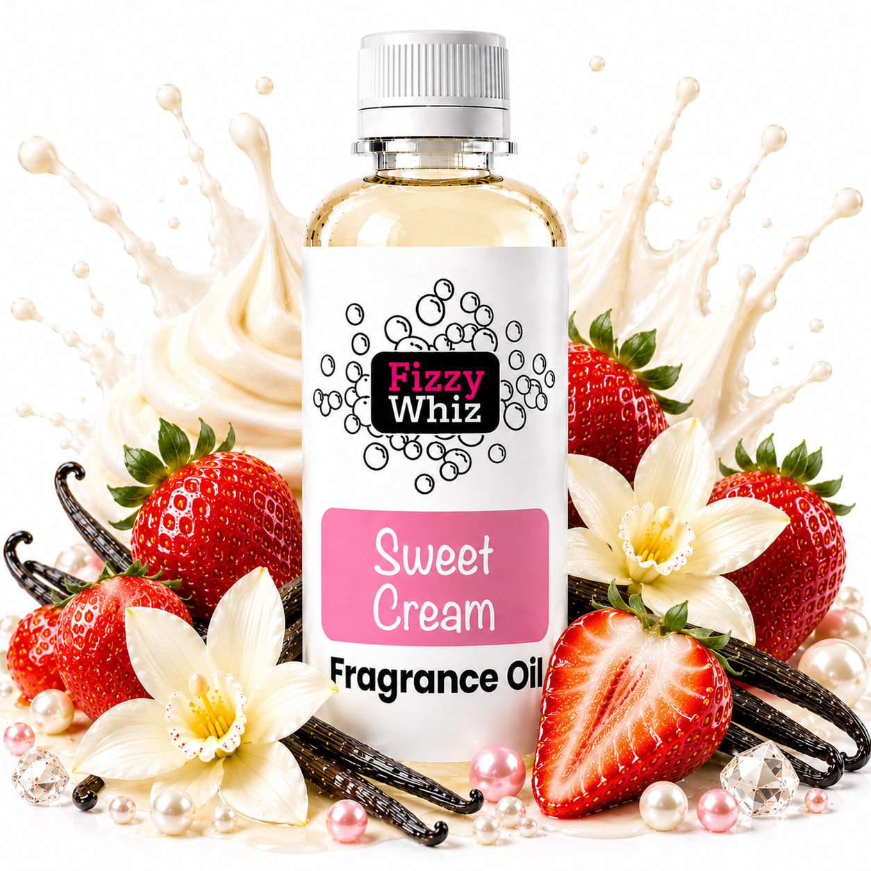 A bottle of Fizzy Whiz Sweet Cream Fragrance Oil centered on a white background, surrounded by strawberries, vanilla beans, vanilla flowers, pearls, and a cream splash graphic. The bottle has a white cap and a white label with a pink 'Sweet Cream' panel.