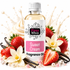 A bottle of Fizzy Whiz Sweet Cream Fragrance Oil centered on a white background, surrounded by strawberries, vanilla beans, vanilla flowers, pearls, and a cream splash graphic. The bottle has a white cap and a white label with a pink 'Sweet Cream' panel.