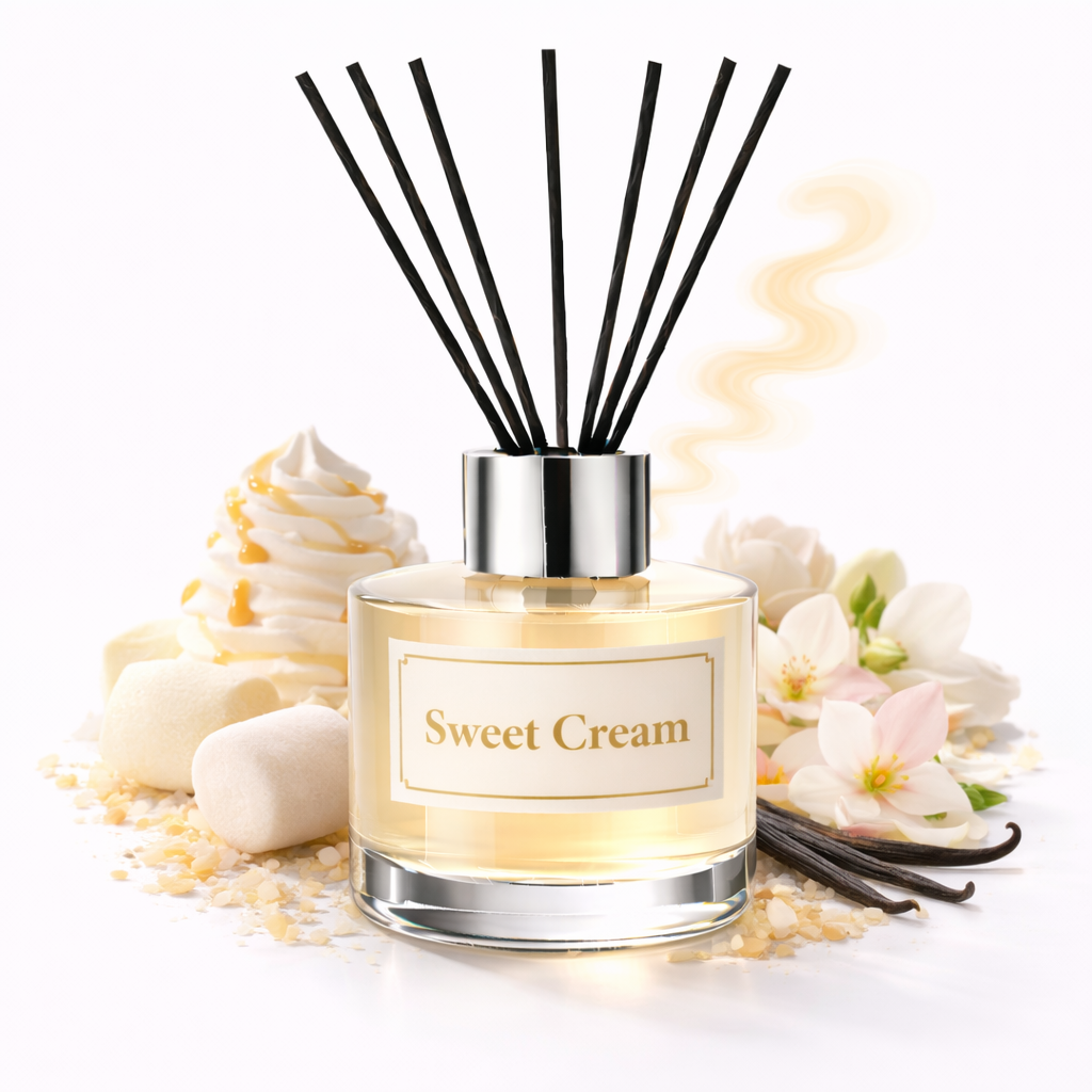 Diffuser labeled 'Sweet Cream' with vanilla beans and flowers on a white background