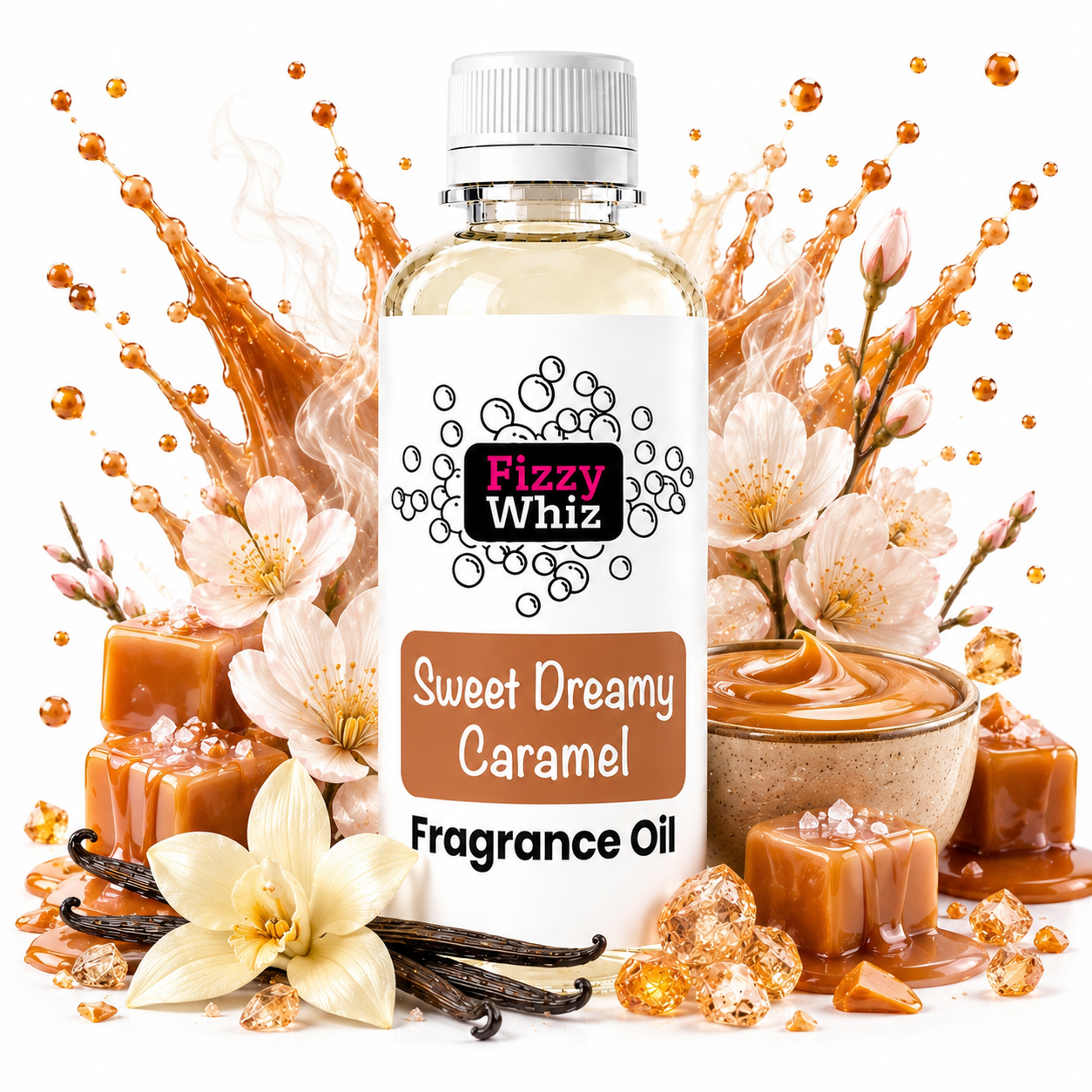 A bottle of Fizzy Whiz Sweet Dreamy Caramel fragrance oil centered on a white background, surrounded by caramel cubes, vanilla flowers, vanilla beans, and caramel drizzle graphics.