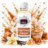 A bottle of Fizzy Whiz Sweet Dreamy Caramel fragrance oil centered on a white background, surrounded by caramel cubes, vanilla flowers, vanilla beans, and caramel drizzle graphics.