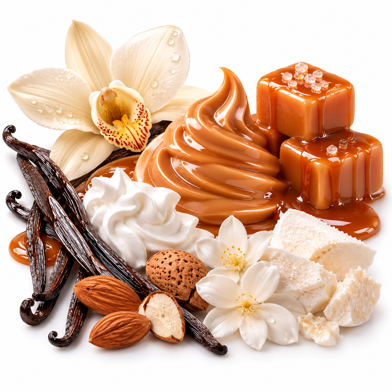 A styled arrangement of caramel and cream flavoring ingredients on a white background, including caramel sauce, vanilla ice cream swirl, vanilla beans, almonds, white flowers, and chunks of white chocolate or marshmallow.