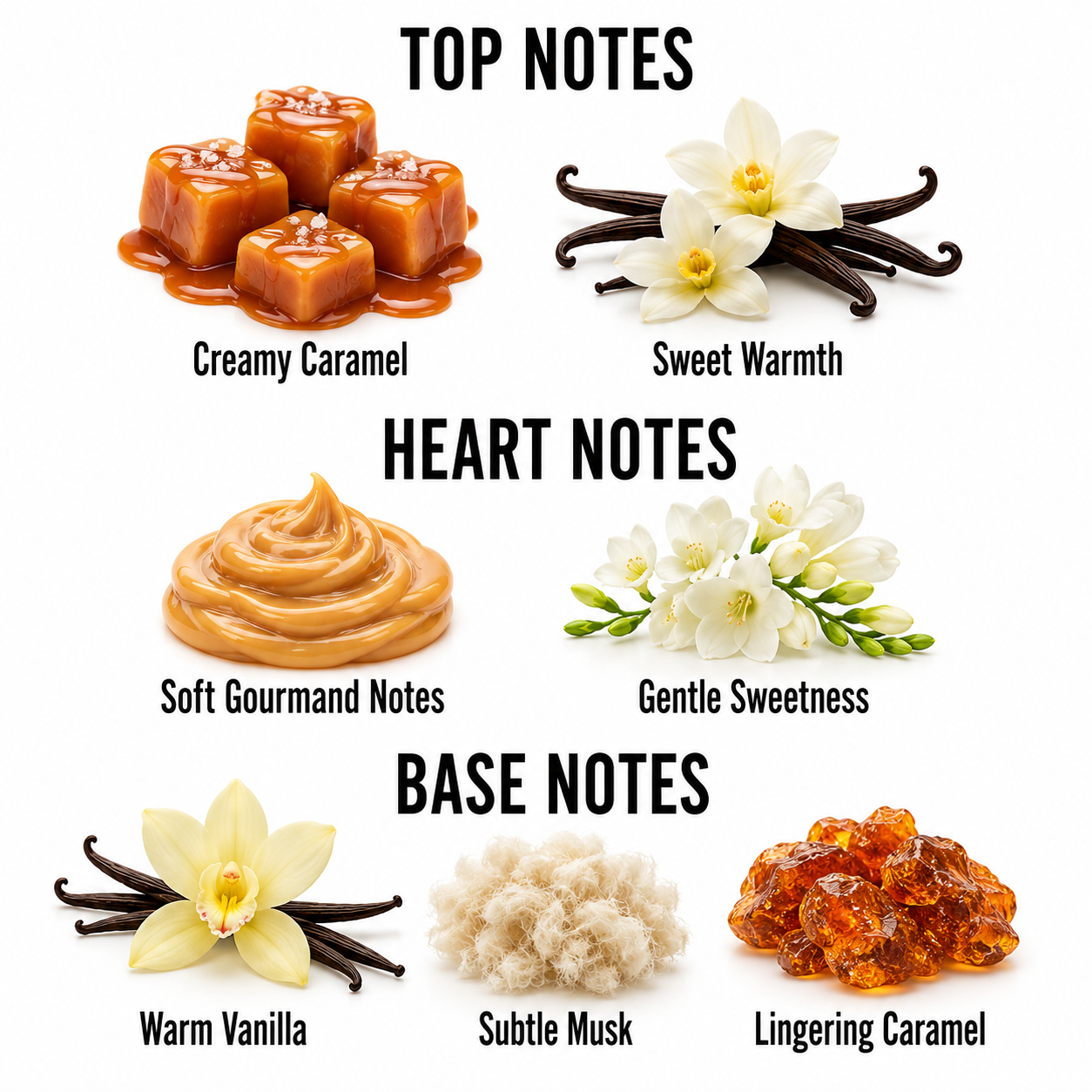 A fragrance notes graphic on a white background with the headings TOP NOTES, HEART NOTES, and BASE NOTES. The top notes show creamy caramel cubes and vanilla flowers labeled 'Creamy Caramel' and 'Sweet Warmth.