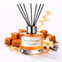 Diffuser labeled 'Sweet Dreamy Caramel' with caramel cubes and vanilla bean on a white background